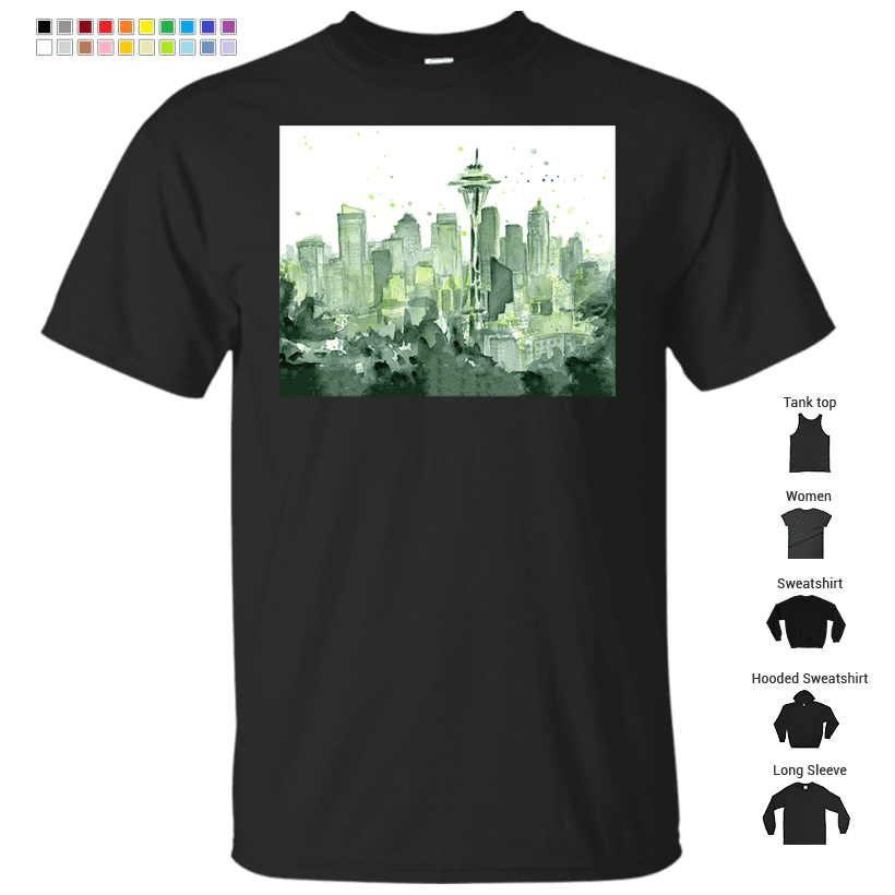 Seattle Watercolor Space Needle Skyline T-Shirt